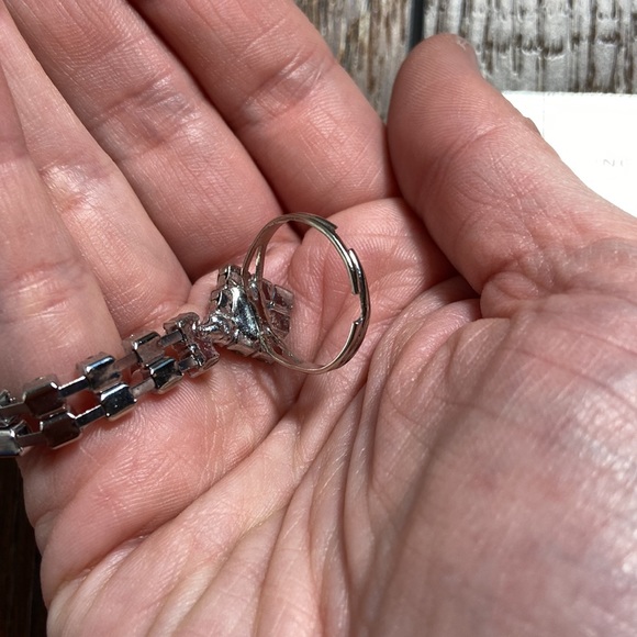 Rhinestone Coil Wrap Bracelet with Attached Adjustable Ring in Silver Tone - Picture 7 of 9